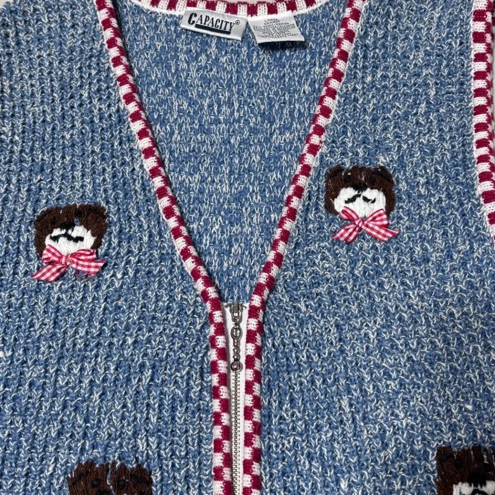 Vintage Capacity Teddy Bear‎ Sweater Vest Large Blue Knit Red Gingham Bow Ramie